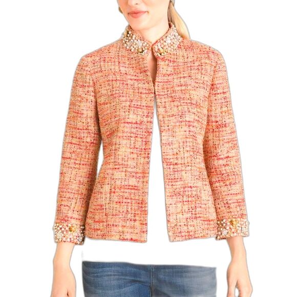 Chico's Timeless Tweed & Faux Pearls Orange & Pink Woven Blazer Jacket SZ Large - Picture 1 of 13